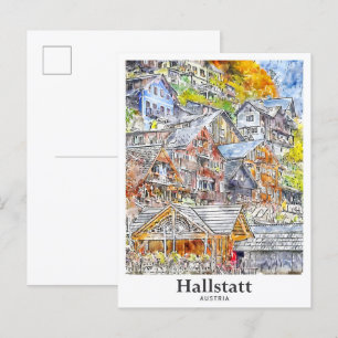 Hallstatt Austria Travel Watercolor Hand Drawing Postkarte