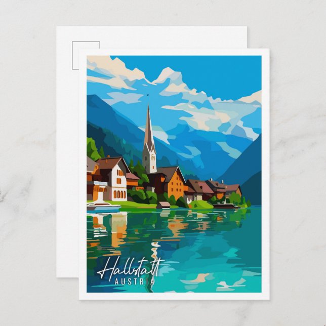 Hallstatt Austria Vintage Illustration Postkarte (Vorne/Hinten)