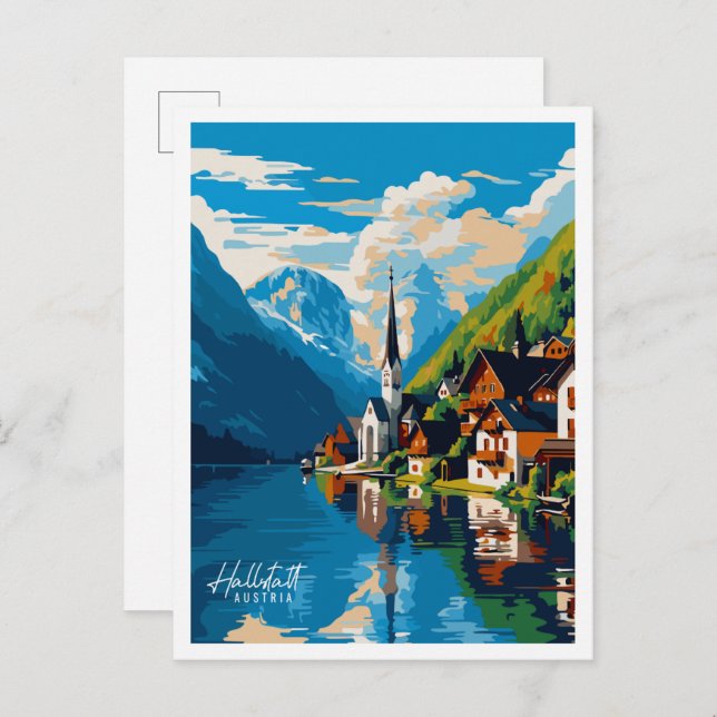 Hallstatt Austria Vintage Illustration Postkarte (Vorne/Hinten)