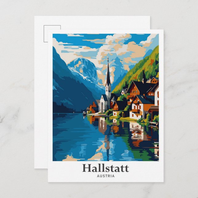 Hallstatt Austria Vintage Travel Illustration Postkarte (Vorne/Hinten)
