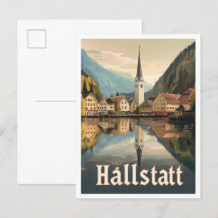 Hallstatt Österreich Kunst Vintage Reise Illustrat Postkarte