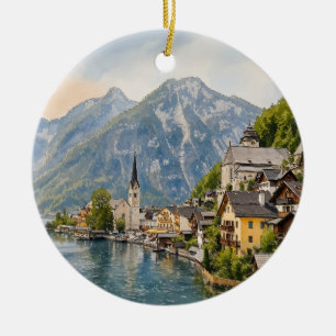 Hallstatt Österreich Wasserfarben-Weihnachtsschmuc Keramik Ornament