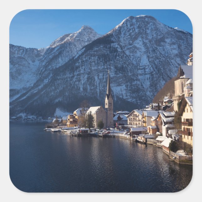 Hallstatt Stadt im Winter Quadratischer Aufkleber (Vorderseite)