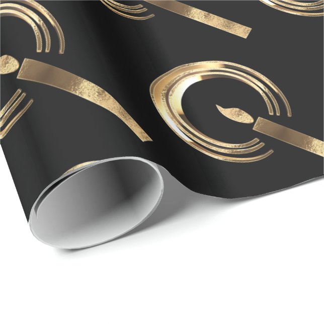 Halo um Candle Flame Pattern Schwarz und Gold Geschenkpapier (Rolleneckpunkt)