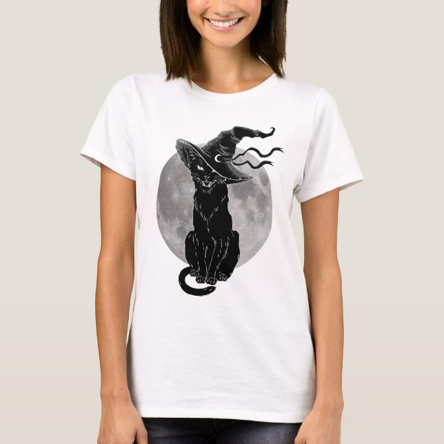 Haloween-Katzenwitz und Mond T-Shirt (Vorderseite)