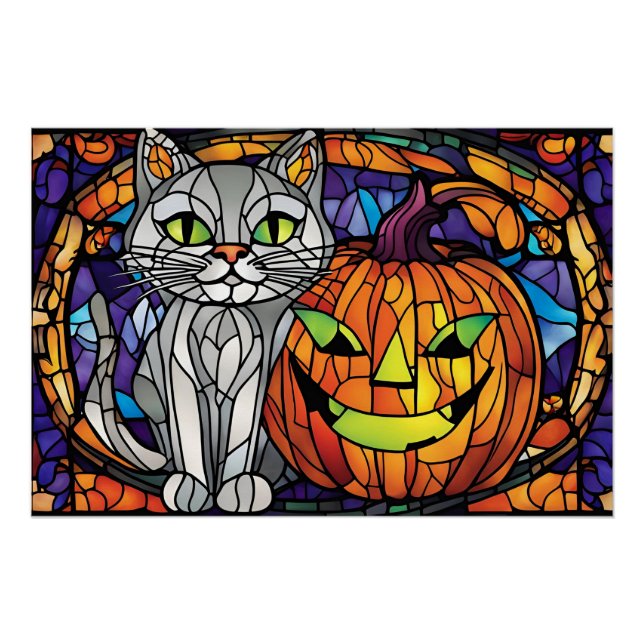Halskatze und Jack-o-Lantern aus gestanztem Glas Poster (Vorderseite)