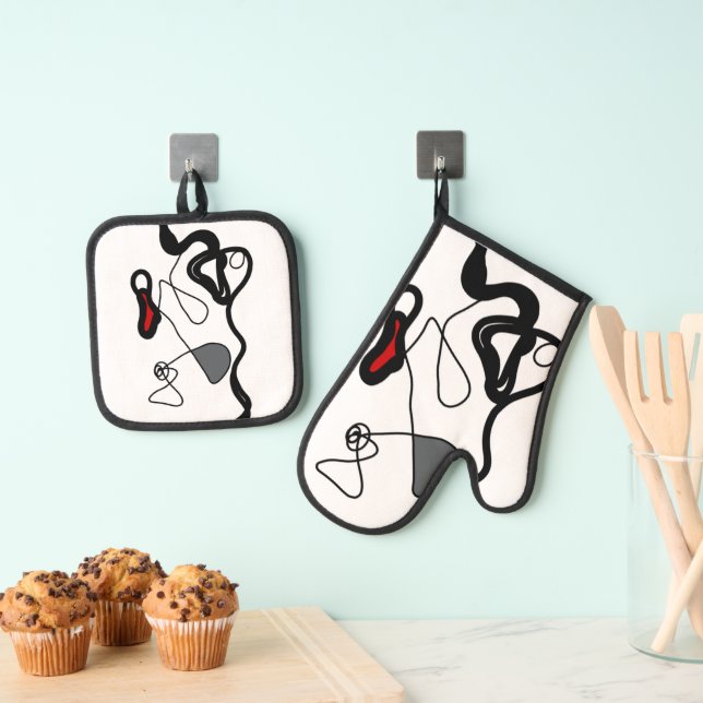 Haltemuster: Abstrakt schwarz, weiß, grau und rot Ofenhandschuh & Topflappen-Set (Insitu (Hängend))