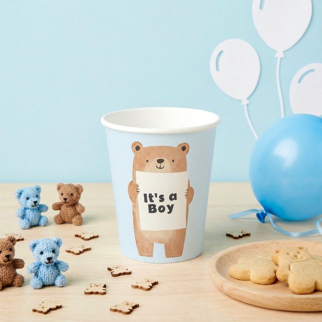 Halteschild niedliche blaue Babydusche Pappbecher (Bear holding sign cute blue baby shower paper cups.)