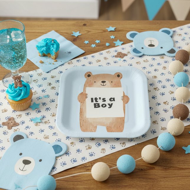 Halteschild niedliche blaue Babydusche Pappteller (Bear holding sign cute blue baby shower paper plates.)