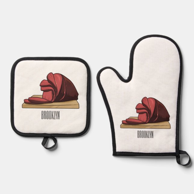Ham Cartoon-Abbildung Ofenhandschuh & Topflappen-Set (Vorderseite)