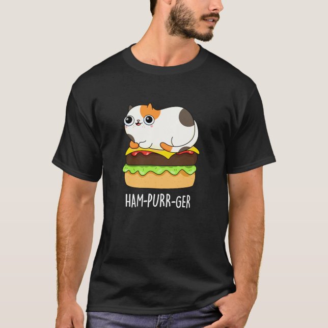Ham-Purr-Ger Funny Cat Hamburger Pun Dark BG T-Shirt (Vorderseite)
