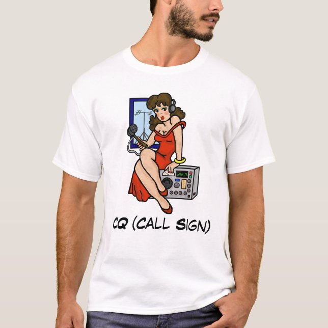 Ham Radio Button-up Girl Brünett Tshirt individual (Vorderseite)