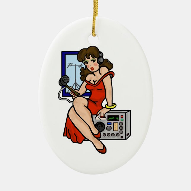 Ham Radio Button-up Girl Brünette Weihnachtsfeier Keramikornament (Vorne)