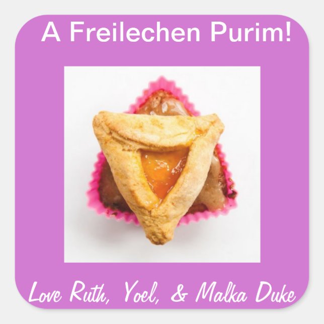 Hamantaschen cupcake 1.jpg, A Freilechen Purim... Quadratischer Aufkleber (Vorderseite)