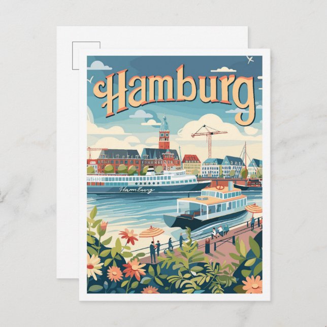 Hamburg Deutschland Art Vintage Travel Illustratio Postkarte (Vorne/Hinten)