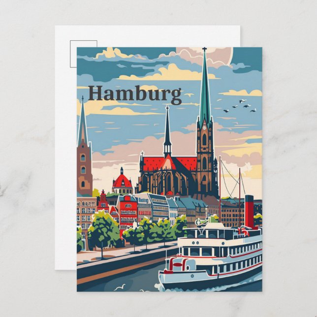 Hamburg Deutschland Vintag Retro Travel Illustrati Postkarte (Vorne/Hinten)