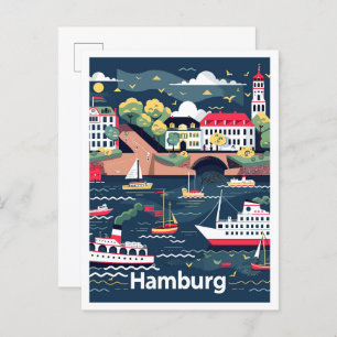 Hamburg Germany Vintage Travel Illustration Postkarte