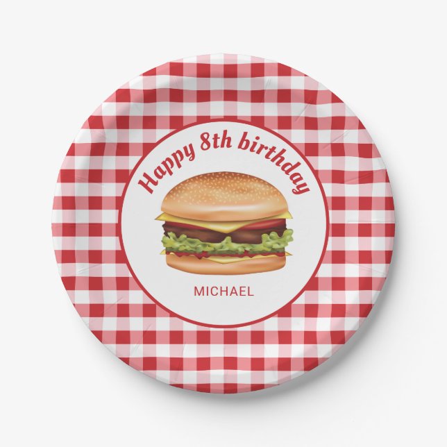 Hamburger auf rotem Gingham-Muster Alles Gute zum  Pappteller (Vorderseite)