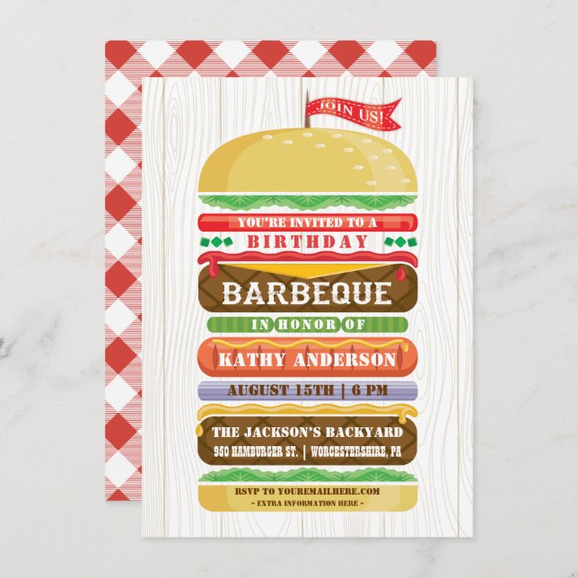 Hamburger Birthday GRILLEN Woodgrain Einladung (Vorne/Hinten)