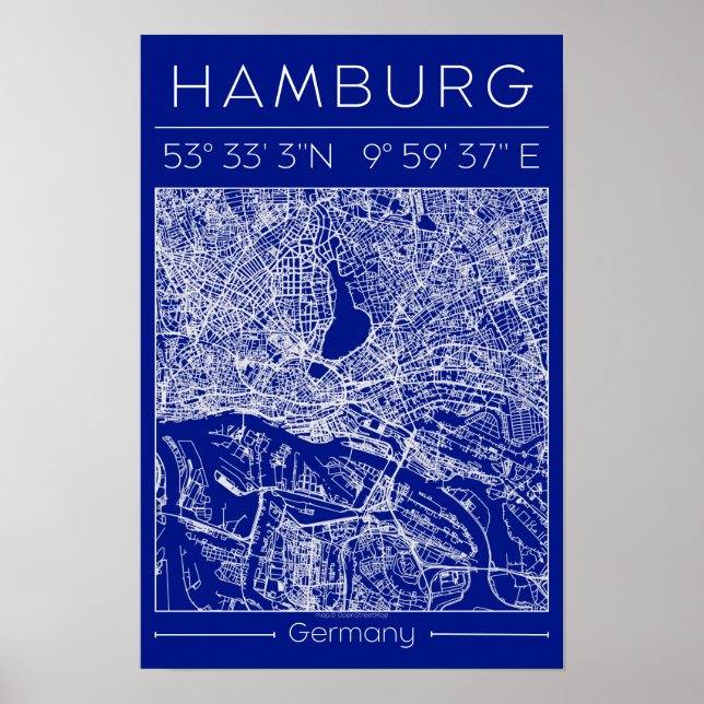 Hamburger Blueprint Stadtplan Poster Minimale Wand (Vorne)