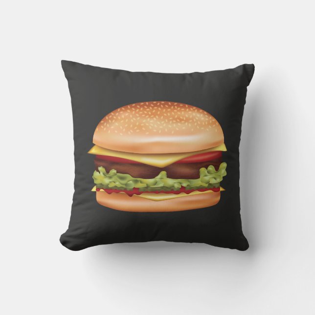 Hamburger Fast Food Illustration Dunkler Hintergru Kissen (Vorderseite)