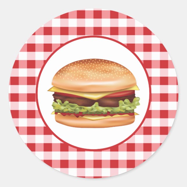 Hamburger Fast Food Illustration über Red Gingham Runder Aufkleber (Vorderseite)