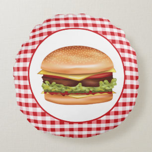 Hamburger Fast Food Illustration über Red Gingham Rundes Kissen