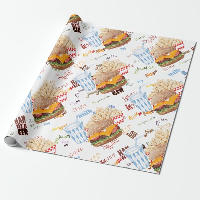 Hamburger Fries Fast Food GRILLEN Diner Geschenkpapier (Ungerollt)