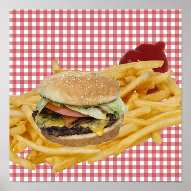 Hamburger, Fries, roter weißer Schachbrettboden Poster (Vorne)