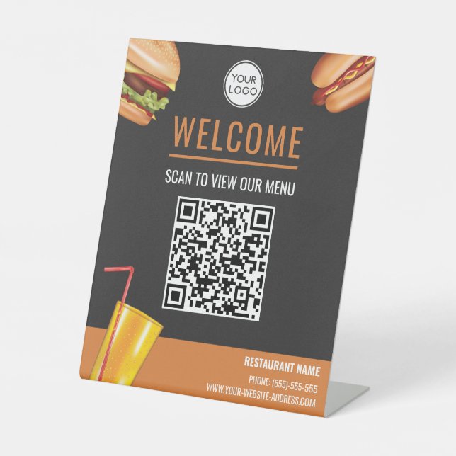 Hamburger Hot Dog Food Scan nach Menü QR Code Sockelschild (Vorderseite)