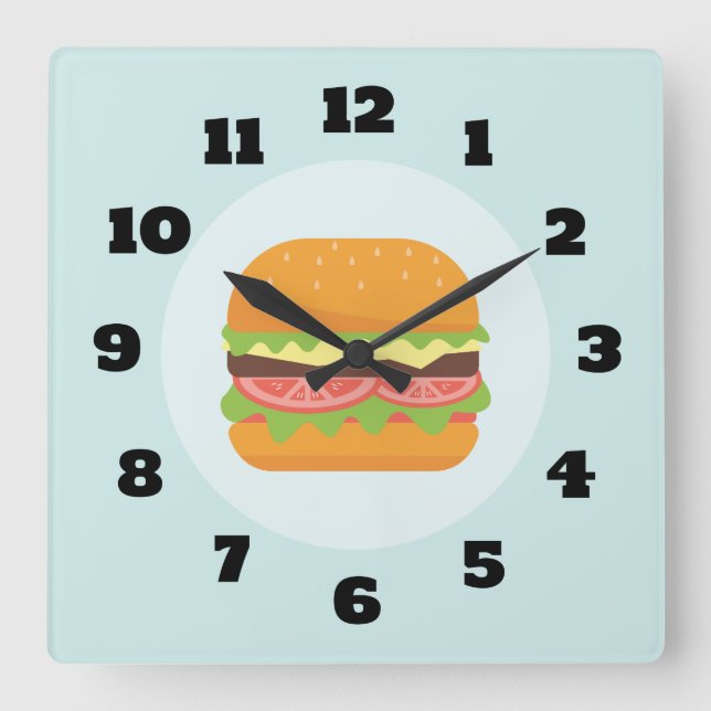 Hamburger-Illustration mit Tomate und Kopfsalat Quadratische Wanduhr (Vorderseite)