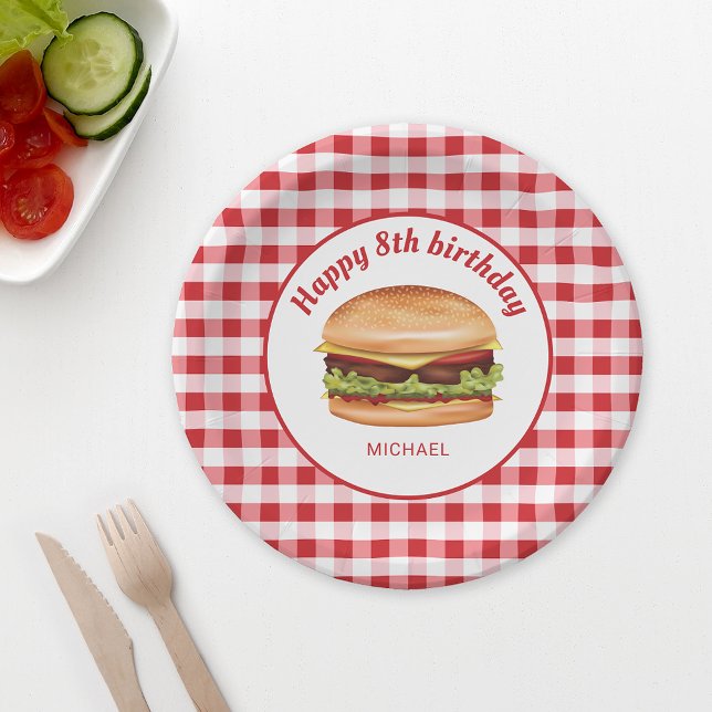 Hamburger on Red Gingham Pattern Happy Birthday Pappteller (Ideal for birthday parties, backyard barbecues, family reunions or picnics, for example.)