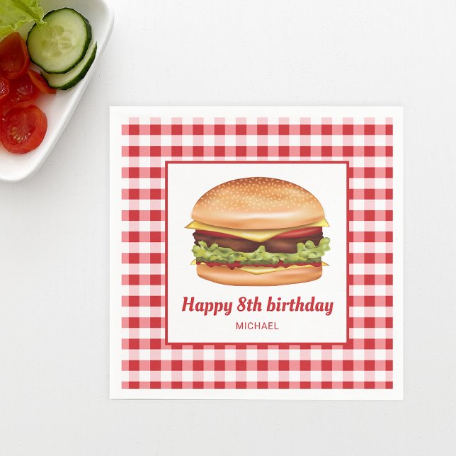 Hamburger On Red Gingham Pattern Happy Birthday Serviette (Ideal for birthday parties, backyard barbecues, family reunions or picnics, for example.)