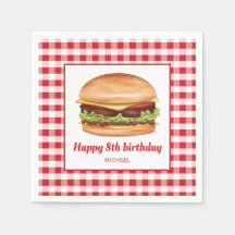 Hamburger on Red Gingham Pattern Happy Birthday