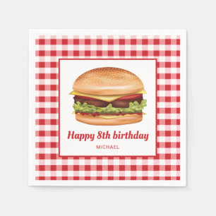 Hamburger on Red Gingham Pattern Happy Birthday Serviette