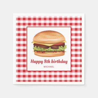 Hamburger on Red Gingham Pattern Happy Birthday Serviette