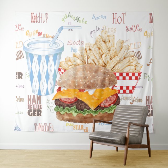 Hamburger und Fries Fast Food Hintergrund Wandteppich (Beispiel (Horizontal))