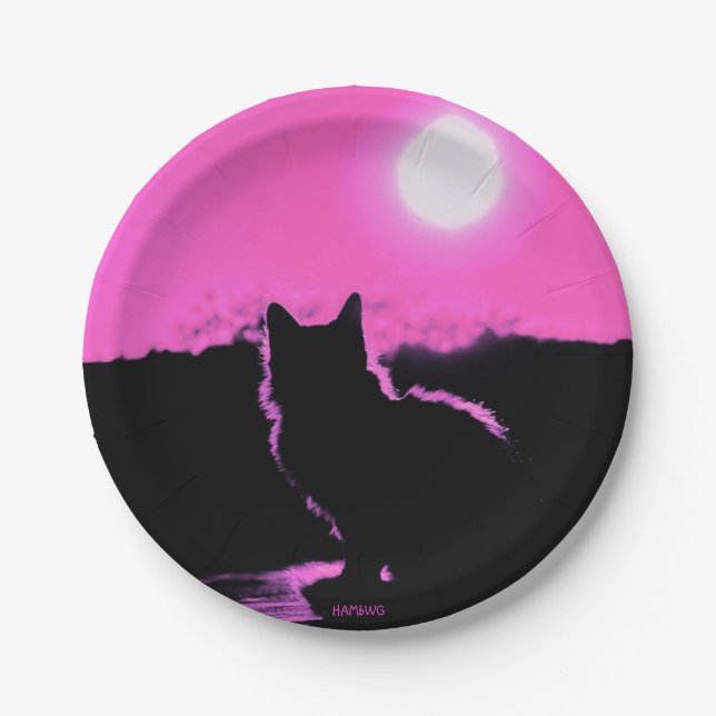 HAMbWG - Papierplatte - rosa Halloween Cat & Moon Pappteller (Vorderseite)