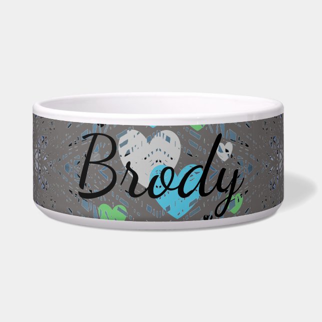 HAMbyWG - Dog food Bowl - Graue grüne blaue Herzen Napf (Vorderseite)
