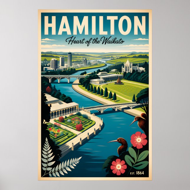 Hamilton Neuseeland Retro-Reiseposter-Kunst Poster (Vorne)