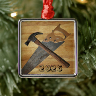 Hammer und Säge, Holzplatten, Tischlerei Ornament Aus Metall