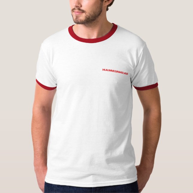 Hammerhai-rotes Wecker-T-Shirt mit Logo T-Shirt (Vorderseite)