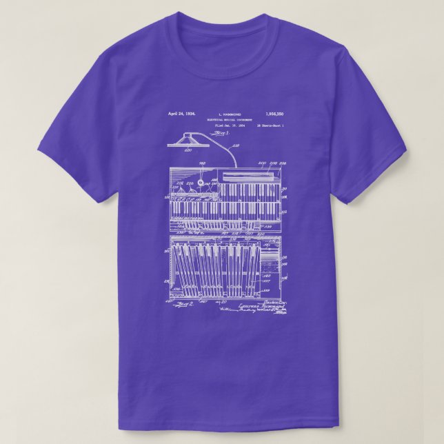 Hammond Organ Patent Weiße Tinte T-Shirt (Design vorne)