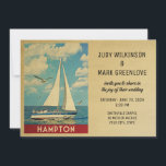 Hampton Wedding Invitation Sailboat Einladung<br><div class="desc">Dieses Vintage nautische Thema Hampton Virginia Wedding Invitation verfügt über ein Segelboot auf dem Wasser mit Möwen im Flug und einen wunderschönen blauen puffigen Wolkenkratzer. Matching Save the Data,  RSVPs and Insert cards are here (Phrase könnte geschnitten werden,  kopieren Sie bis zum Ende der Nummer "... 516"): https://www.zazzle.com/collections/119019904125157516</div>