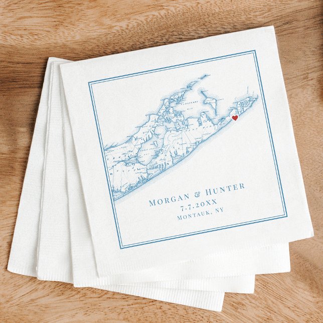 Hamptons Montauk Elegant Oyster Blue Wedding Serviette (Elegant Montauk NY Wedding napkins in Oyster Blue with Hamptons map by Coastal Map Designs)