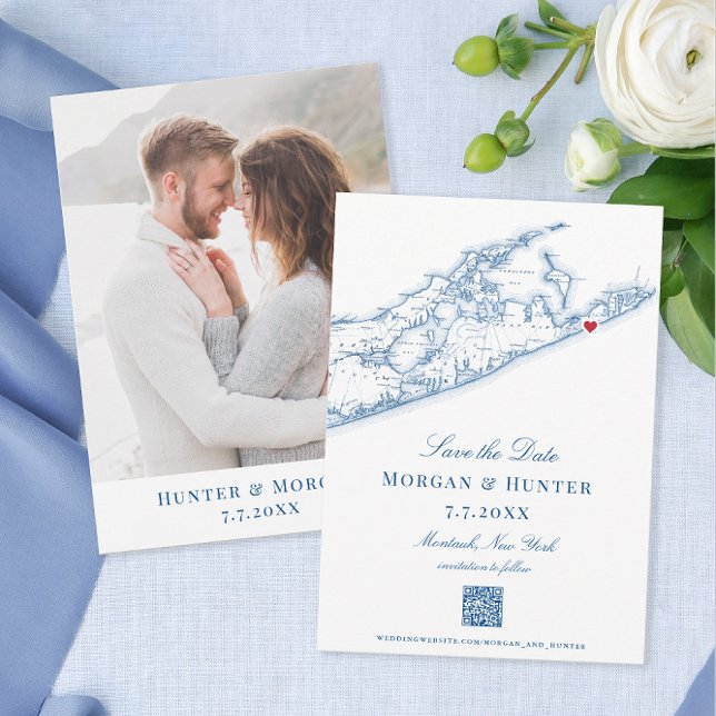 Hamptons Montauk Wedding Eleganter QR Code Save The Date (Montauk Save the Dates in navy blue with QR code perfect for your Hamptons destination wedding.)