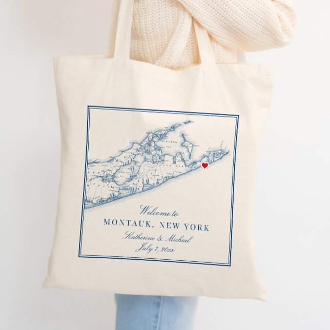 Hamptons Montauk Wedding Welcome Tote Bag Tragetasche (This Hamptons tote bag welcomes your guests to Montauk or anywhere else with customizable text.)