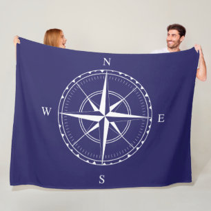 Hamptons Style Classic Blue White Ships Compass Fleecedecke
