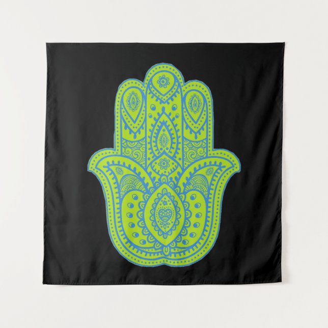 Hamsa Design Grün & Schwarz Hintergrund Wandteppich (Vorderseite)