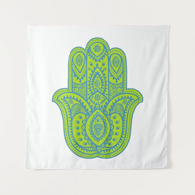 Hamsa Design Grün & Weiß Hintergrund Wandteppich (Vorderseite)